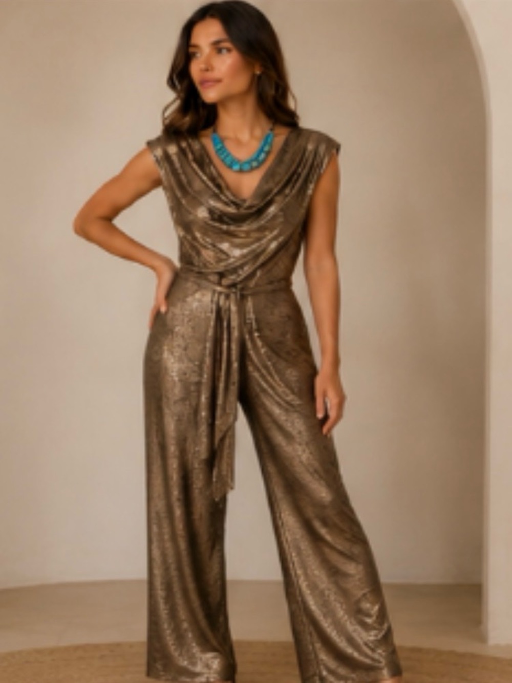 Wedding guest,connected apparel Metallic Gold Cowl-Neck Maxi Dress
